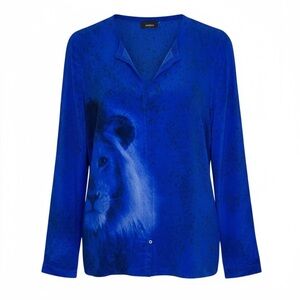 Akris Blue Lion Graphic Mulberry Silk Blend Royal Blue Top Medium